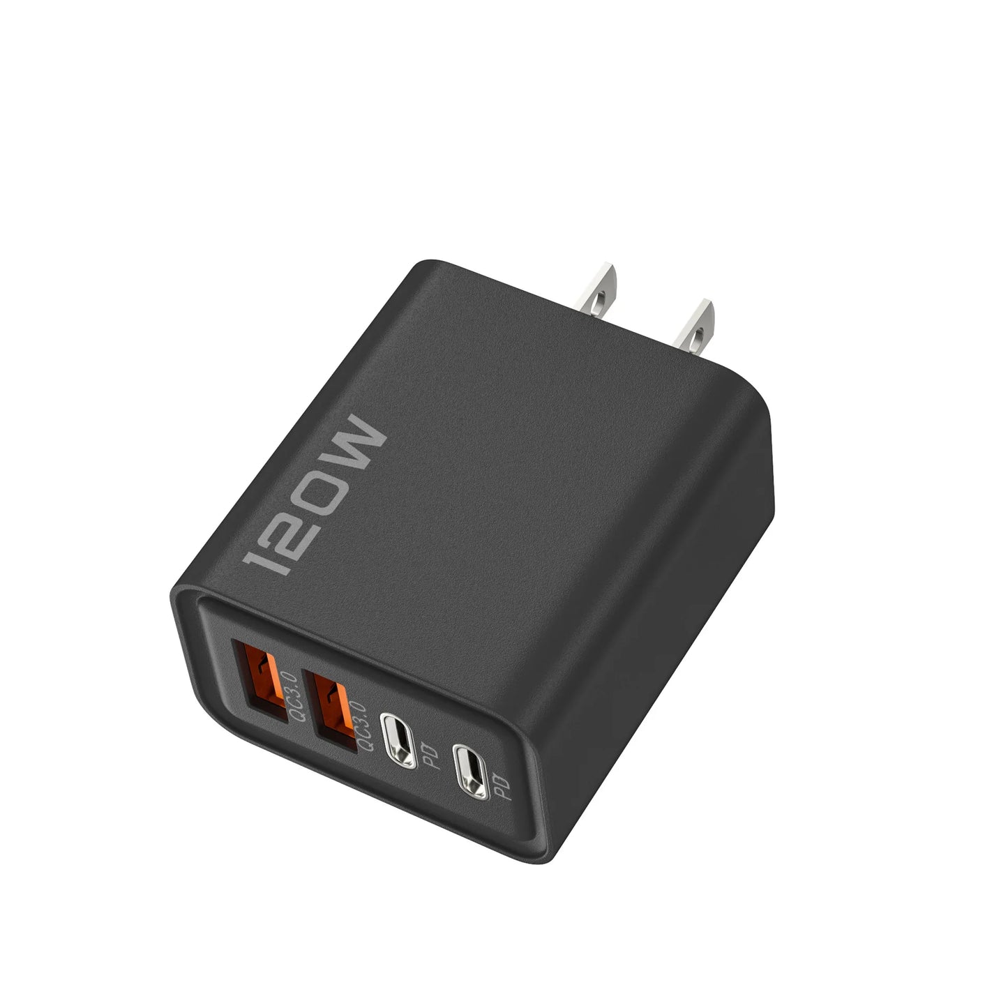 High Tech 120W 4 Port USB Type C Charger Fast Charging with black, yellow, and white adapters and data cable.