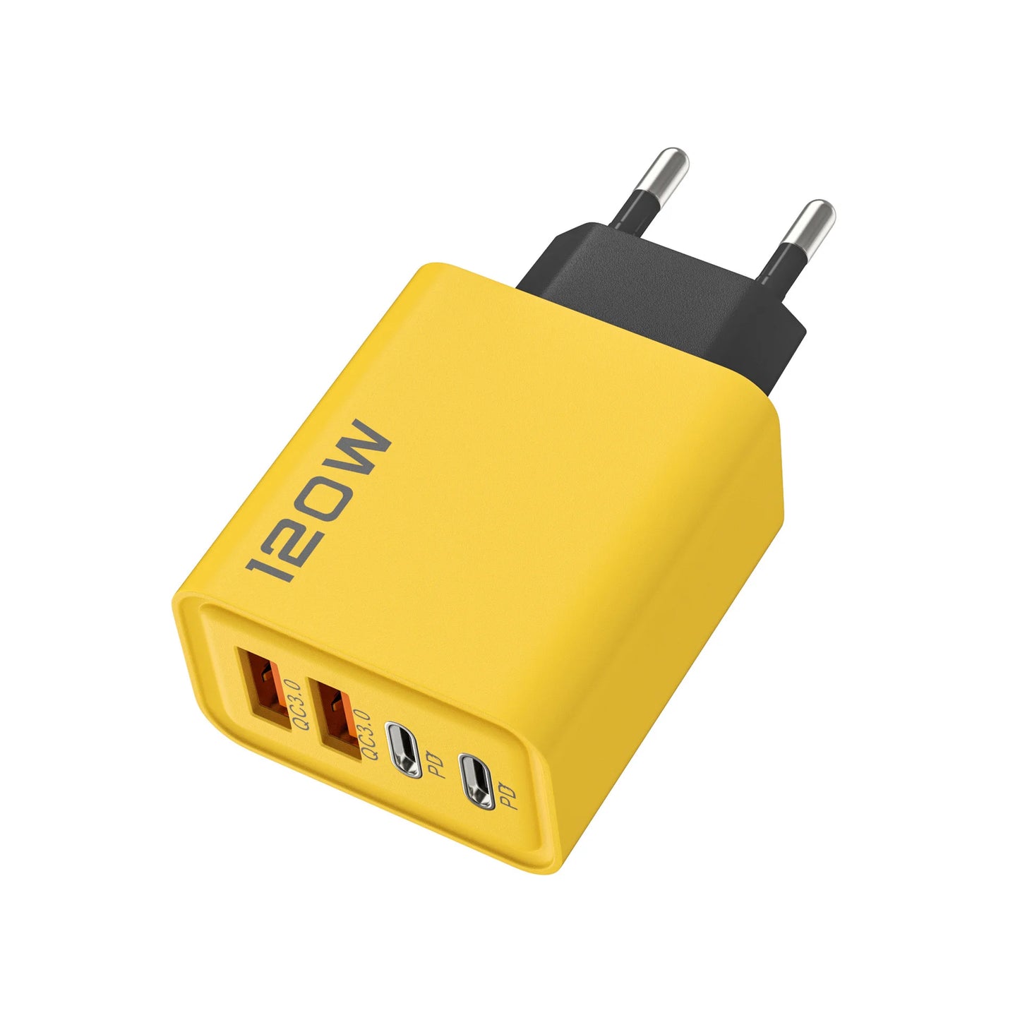 High Tech 120W 4 Port USB Type C Charger Fast Charging with black, yellow, and white adapters and data cable.