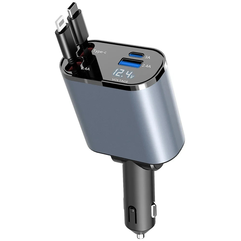 High Tech Retractable Car Charger, compact design with multiple ports for fast charging in vehicle.