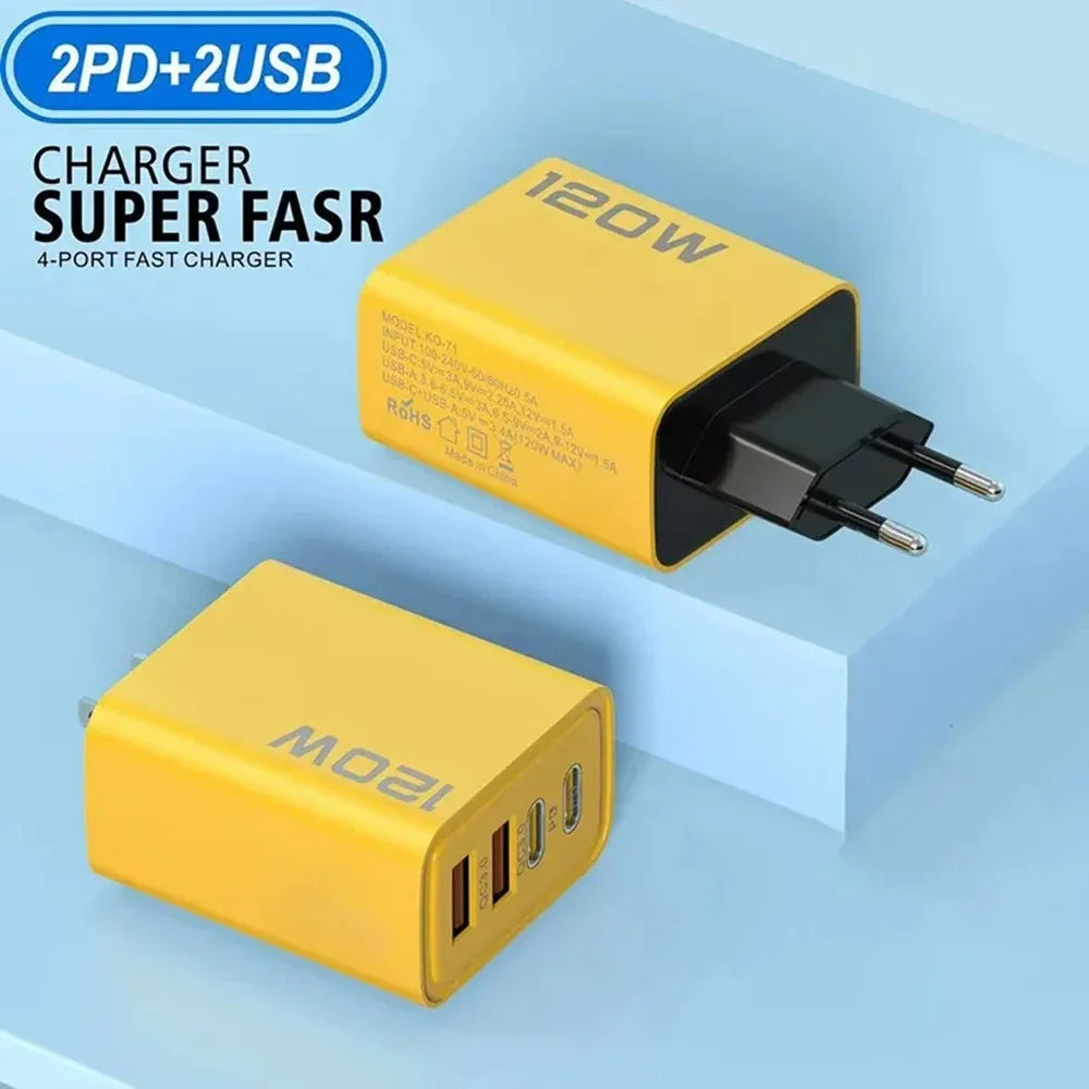 High Tech 120W 4 Port USB Type C Charger Fast Charging with black, yellow, and white adapters and data cable.