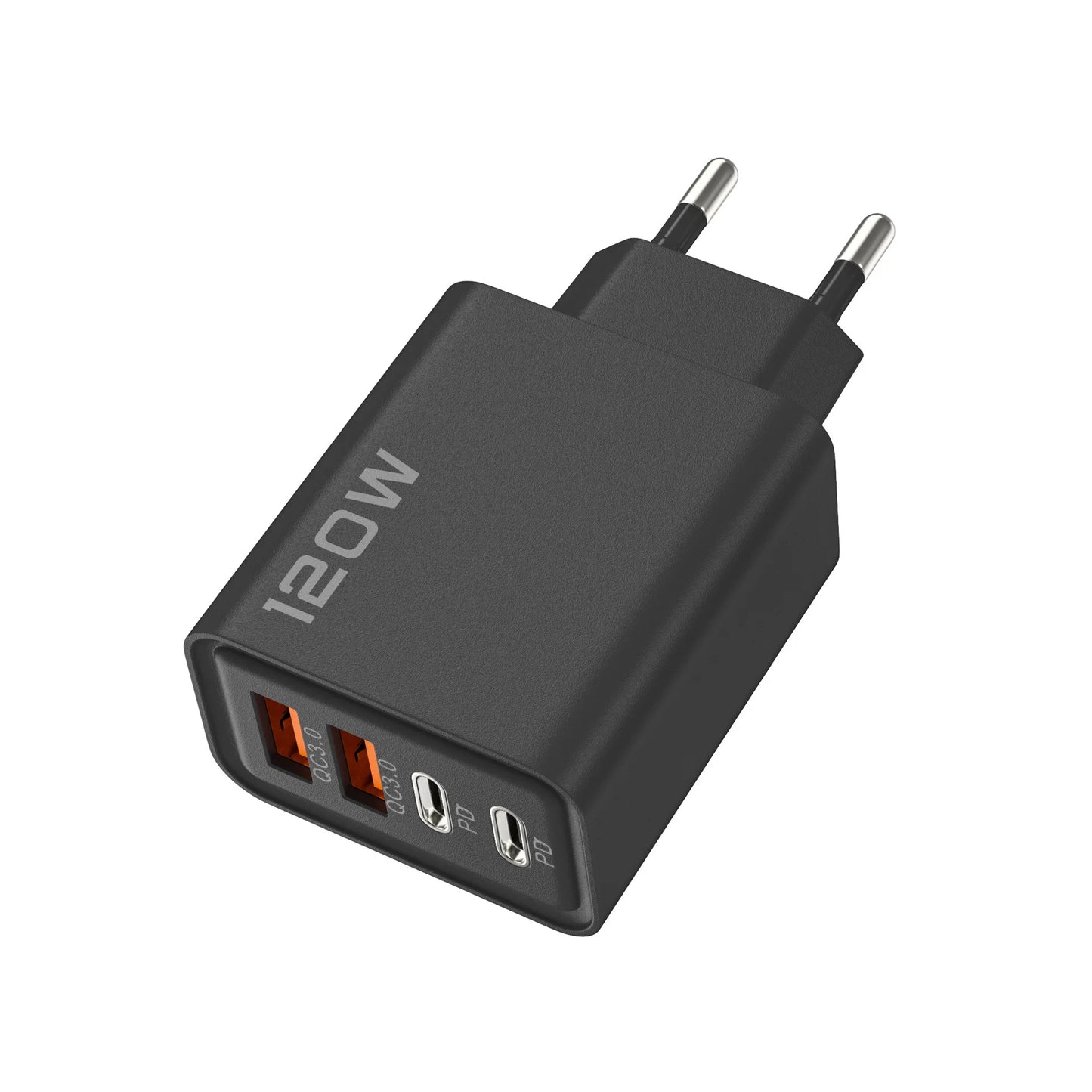 High Tech 120W 4 Port USB Type C Charger Fast Charging with black, yellow, and white adapters and data cable.