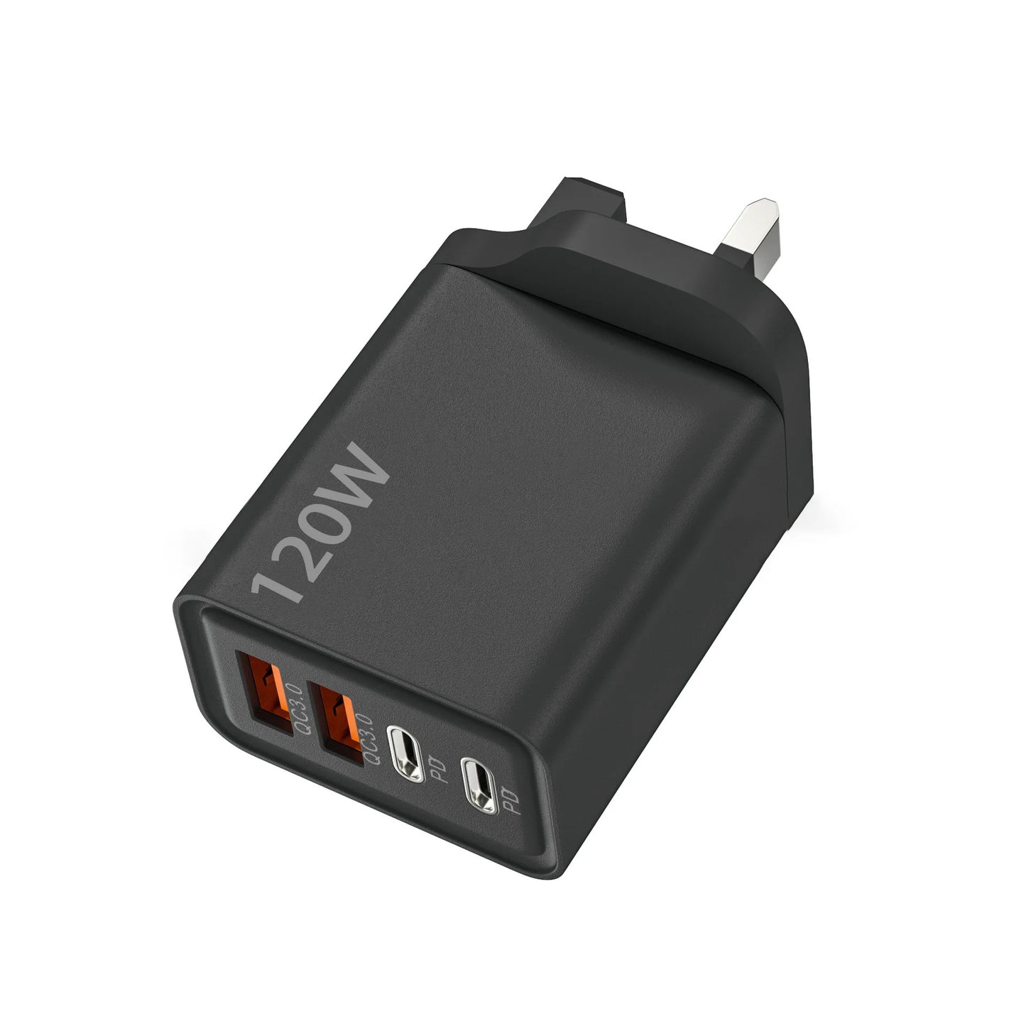High Tech 120W 4 Port USB Type C Charger Fast Charging with black, yellow, and white adapters and data cable.