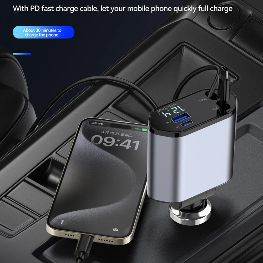 High Tech Retractable Car Charger, compact design with multiple ports for fast charging in vehicle.