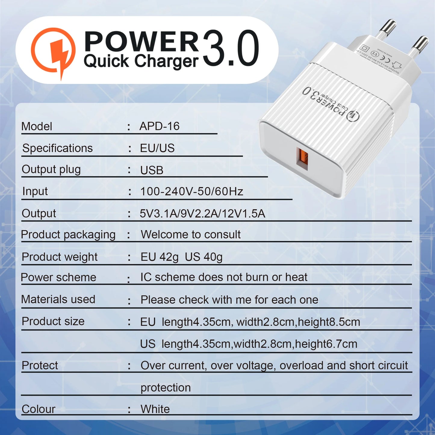 Chargeur USB 20W charge rapide - Novaget